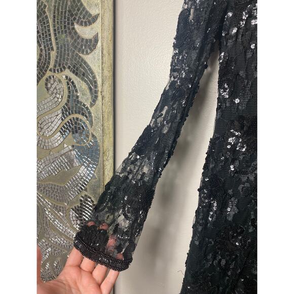 VINTAGE JUDITH ANN DRESS M BLACK SEQUIN BEADED TIERED RUFFLE SHEER MESH LACE - Picture 5 of 12
